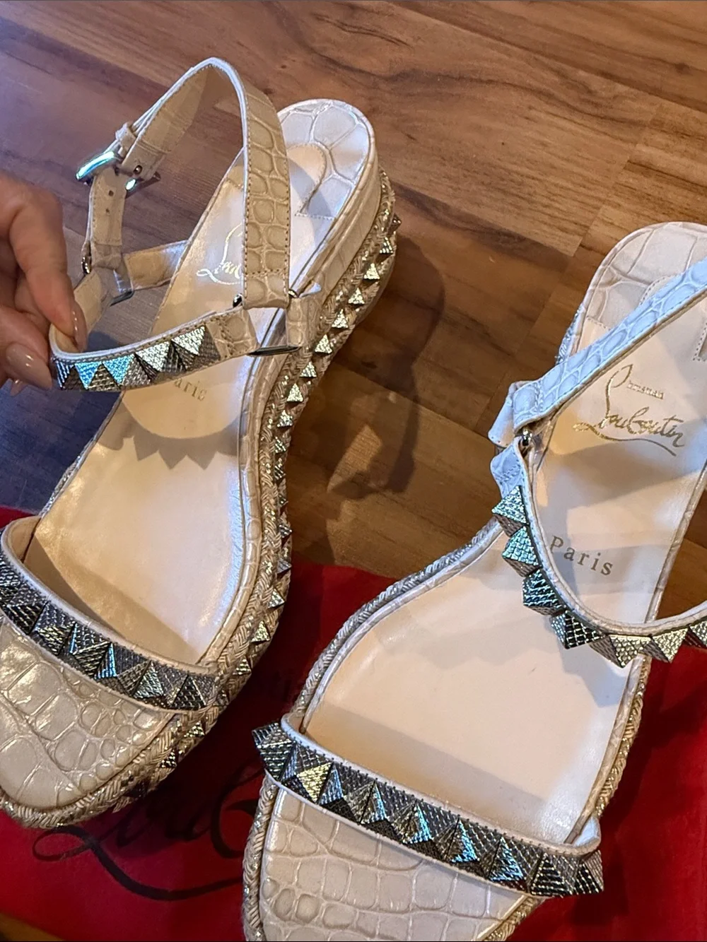 Christian Louboutin Beige Embellished Pyramid-Stud Platform Sandal size 40